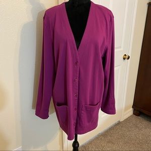 Land’s End Sweater Woman Large Cardigan Long Line Button Down Fuchsia Pockets